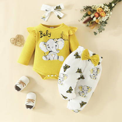Infant elephant letter long-sleeved triangle romper with bowknot trousers spring and autumn top butterfly elephant trousers
