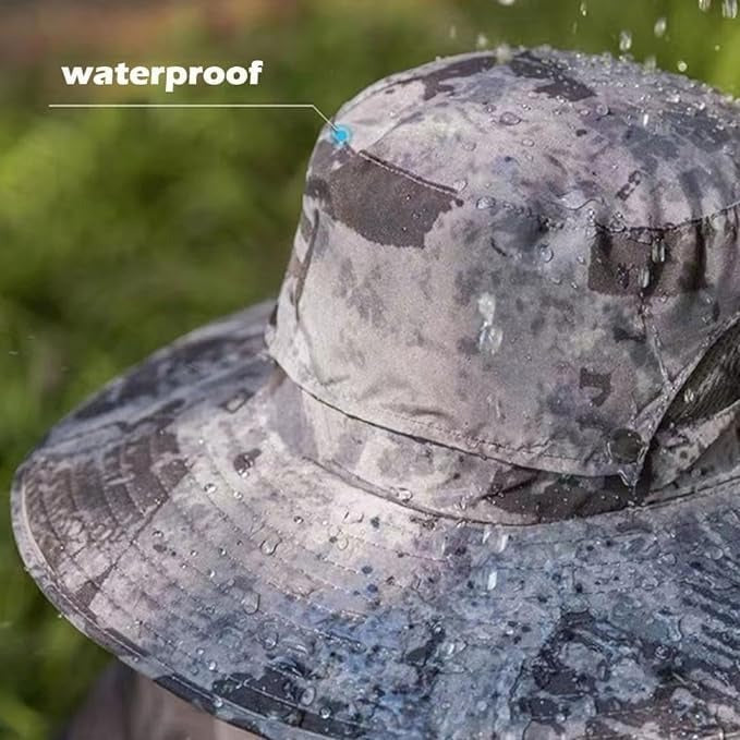 Camouflage hat with waterproof label showing water droplets