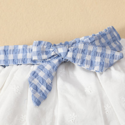Baby Sleeveless Ruffle Plaid Top Bow Embroidered Skirt Suit Girls