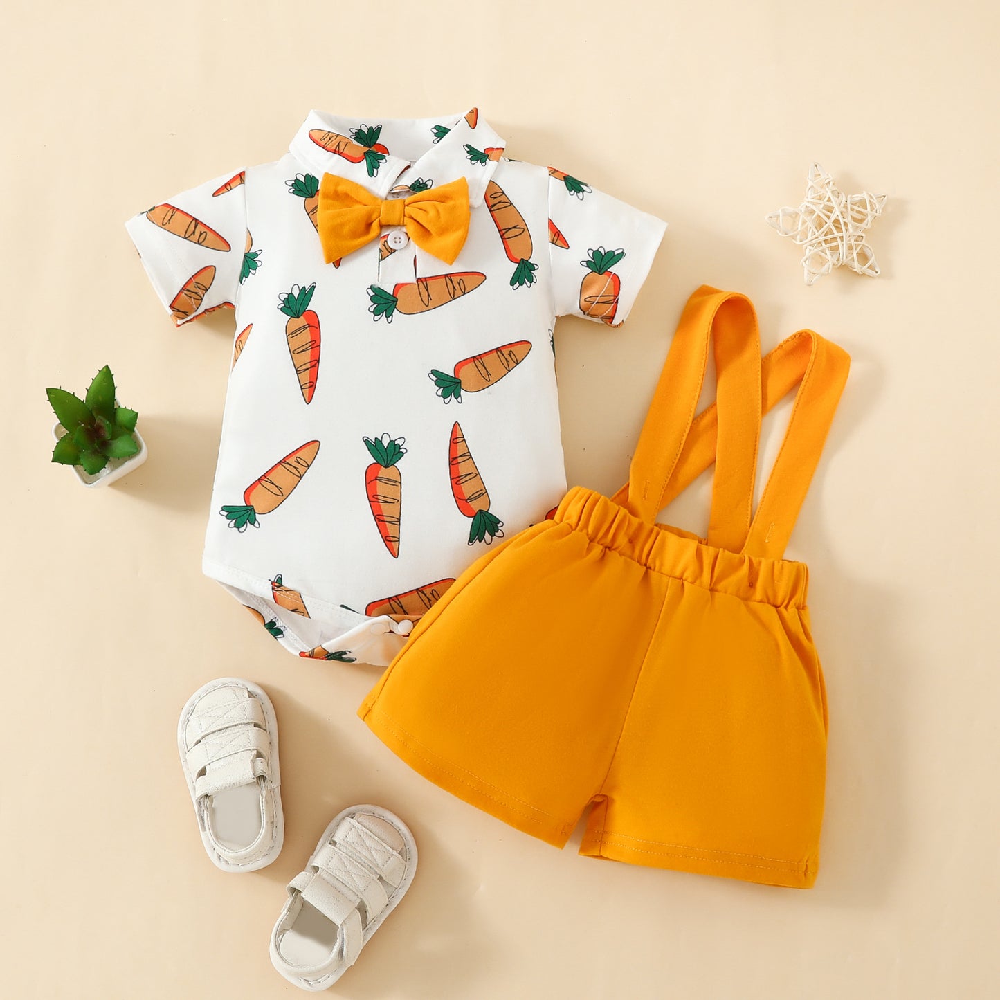 Baby Boy Fashion Short Sleeve Triangle Romper + Bib Shorts Set 0-1 Years Old Cartoon Animal Top Pants