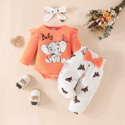 Infant elephant letter long-sleeved triangle romper with bowknot trousers spring and autumn top butterfly elephant trousers