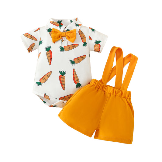 Baby Boy Fashion Short Sleeve Triangle Romper + Bib Shorts Set 0-1 Years Old Cartoon Animal Top Pants