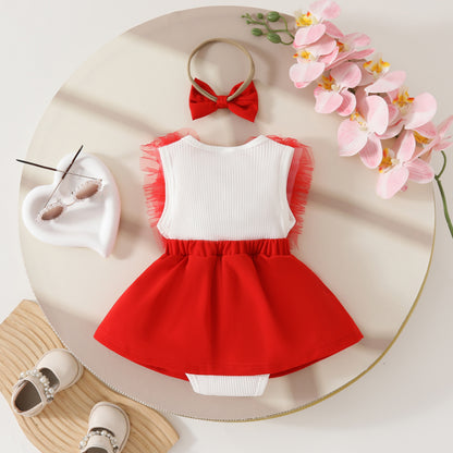 Sweet summer sleeveless mesh big bow triangle dress 0-1 year old baby beaded jumpsuit dress