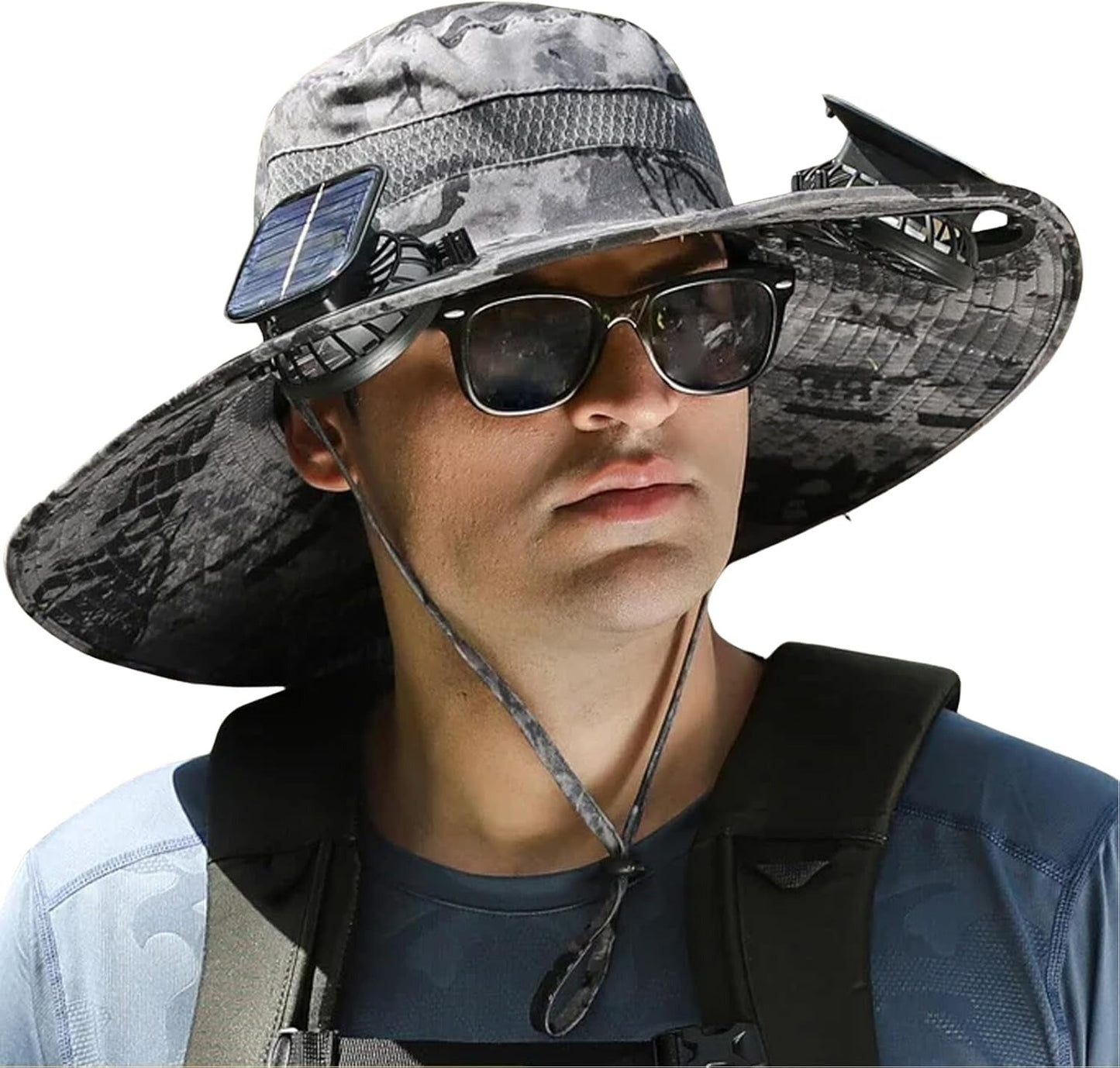 Person wearing a camouflage hat with a solar panel and sunglasses