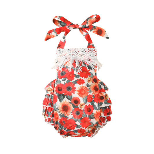 Infant and toddler sling triangle romper 0-1 year old baby big red flower lace fart clothes casual cute crawling clothes