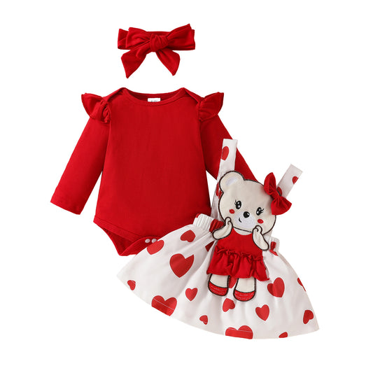Baby Girls One-piece Dress Set Long Sleeve Red Triangle Romper Bear Doll Overall Dress Hairband