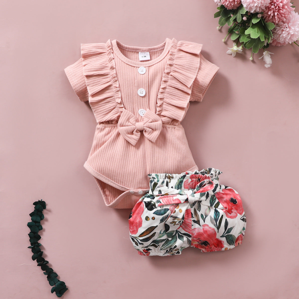 Infant and Toddler Ribbon Bowknot Shorts Set Cotton Short Sleeve Romper Elastic Pants