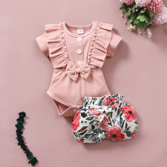 Infant and Toddler Ribbon Bowknot Shorts Set Cotton Short Sleeve Romper Elastic Pants