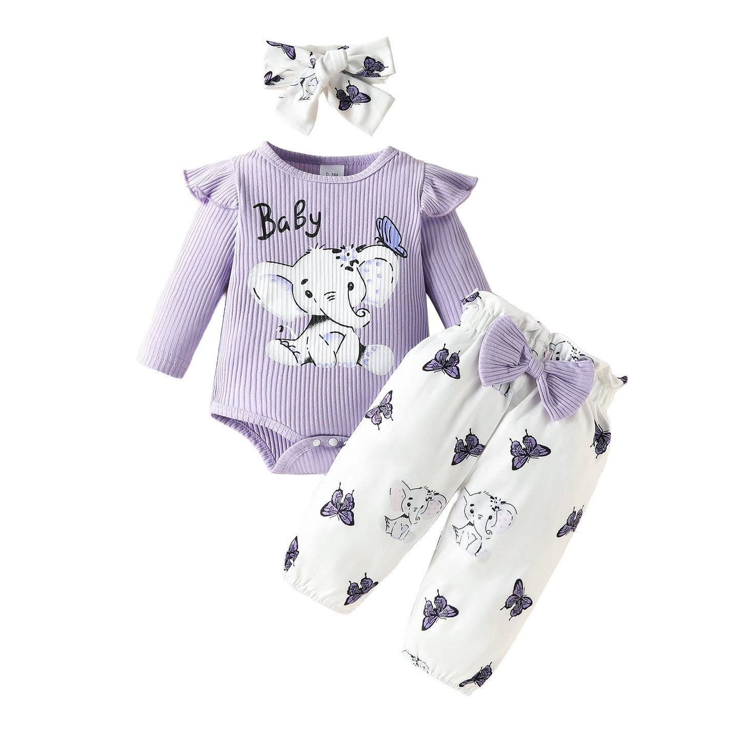 Infant elephant letter long-sleeved triangle romper with bowknot trousers spring and autumn top butterfly elephant trousers