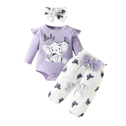 Infant elephant letter long-sleeved triangle romper with bowknot trousers spring and autumn top butterfly elephant trousers