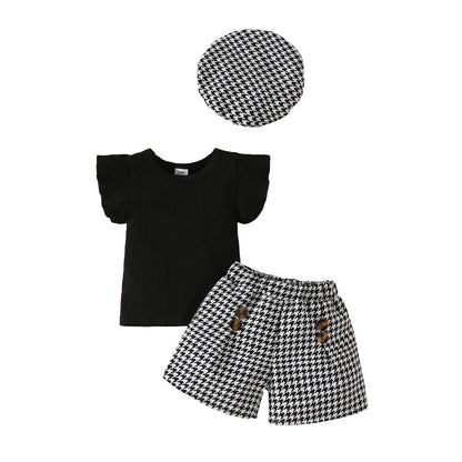 Toddler girl fashion flying sleeve solid color top + plaid shorts + beret set small Chanel style summer three-piece set