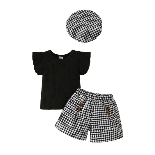 Toddler girl fashion flying sleeve solid color top + plaid shorts + beret set small Chanel style summer three-piece set
