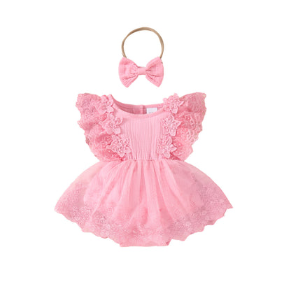Baby Girl Sweet Sleeveless Lace Triangle Romper Mesh Skirt Newborn Lace Flower Cover-up Dress