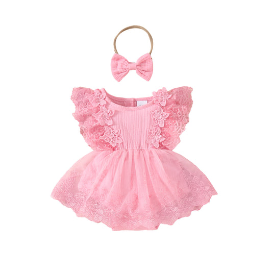 Baby Girl Sweet Sleeveless Lace Triangle Romper Mesh Skirt Newborn Lace Flower Cover-up Dress