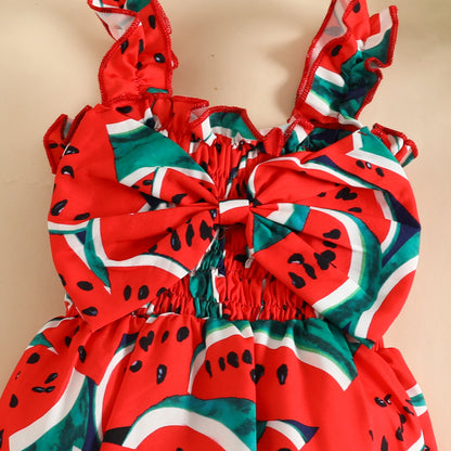 Summer baby watermelon double shoulder strap triangle romper baby bow fruit crawling clothes sleeveless fart clothes