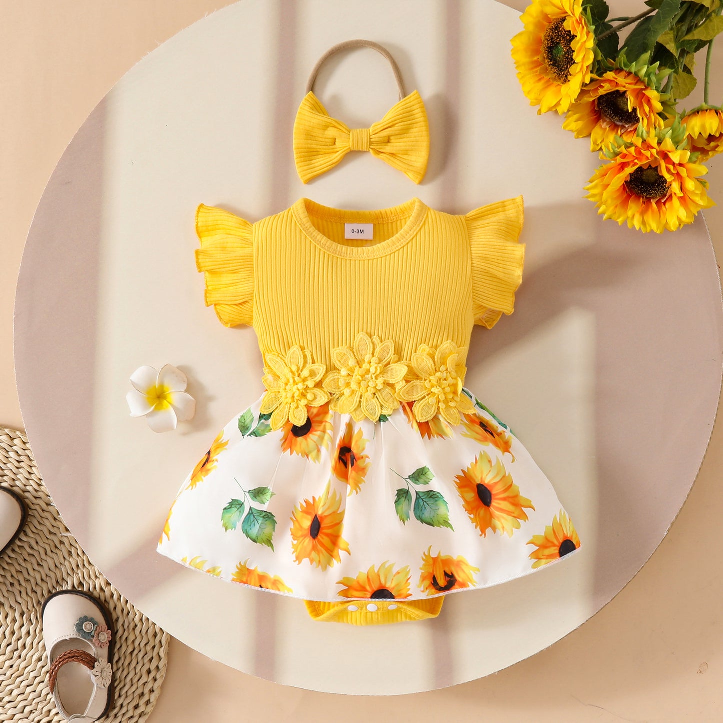 Baby Girl Summer Sleeveless Pit Stripe Applique Floral Print Romper Dress Baby Casual Dress