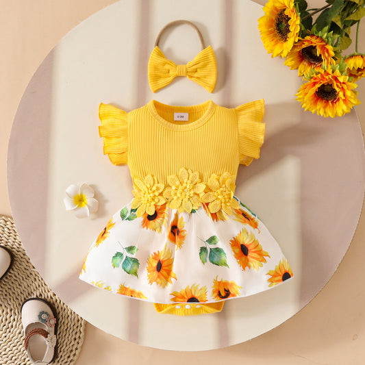 Baby Girl Summer Sleeveless Pit Stripe Applique Floral Print Romper Dress Baby Casual Dress