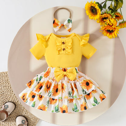 Summer baby girl button ruffled edge short-sleeved romper with flower bow half-length cake skirt suit