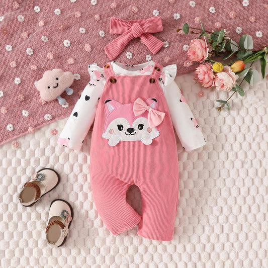 Baby Cute Fox Heart Pattern Long Sleeve Triangle Romper Corduroy Bowknot Bib Pants Set
