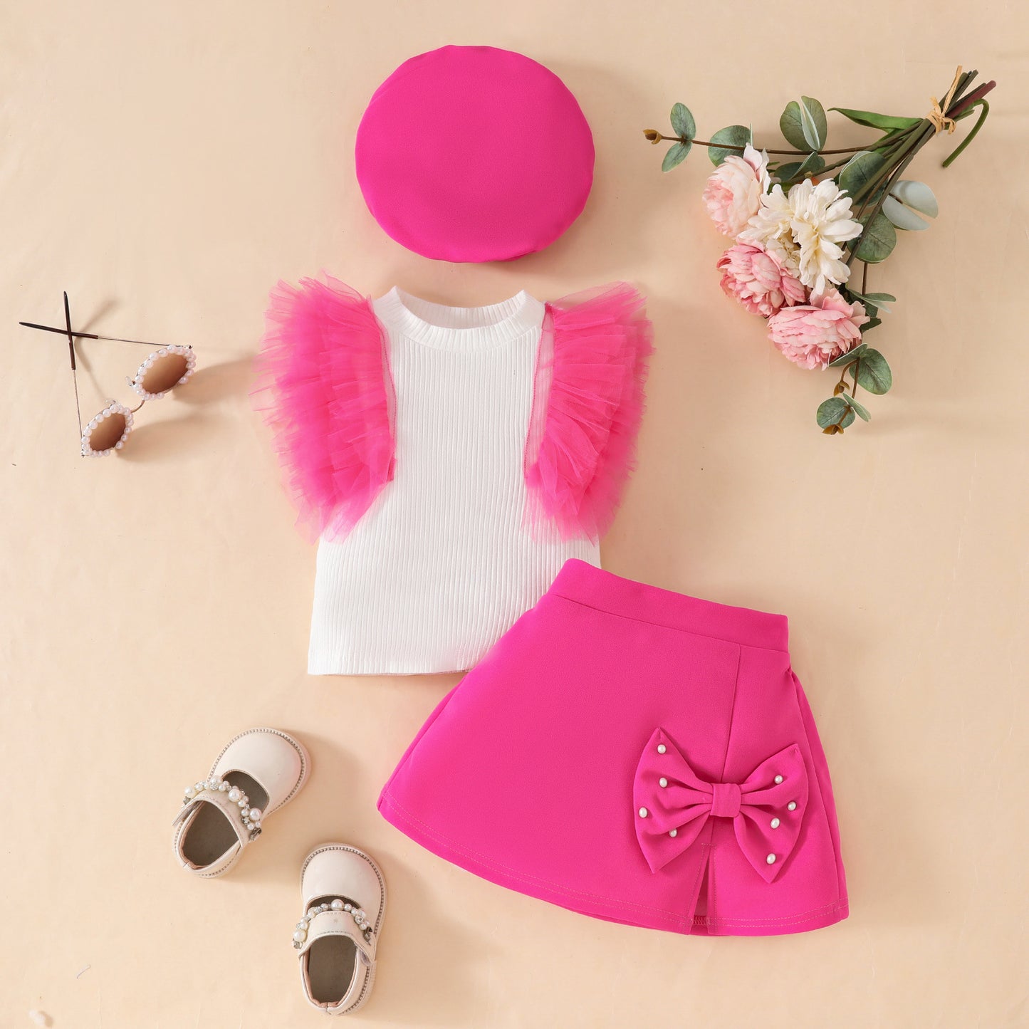 Summer toddler girl sleeveless mesh striped top + bow skirt + beret three-piece set