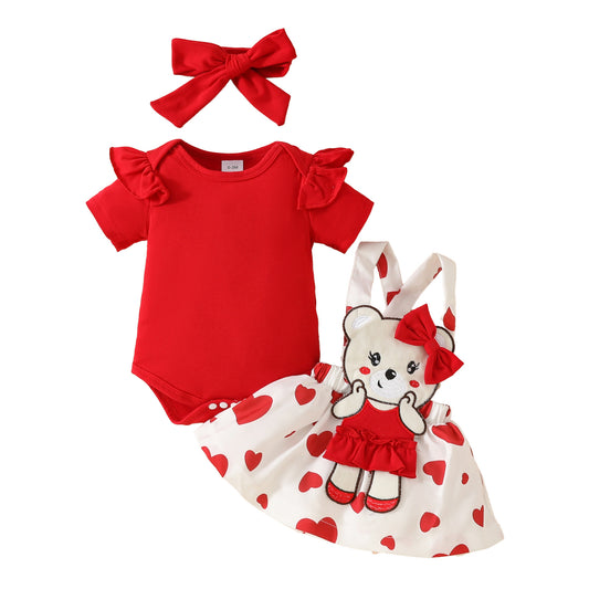 Sweet and cute cartoon bear love baby girl solid color short-sleeved top suspender skirt hairband summer skirt suit
