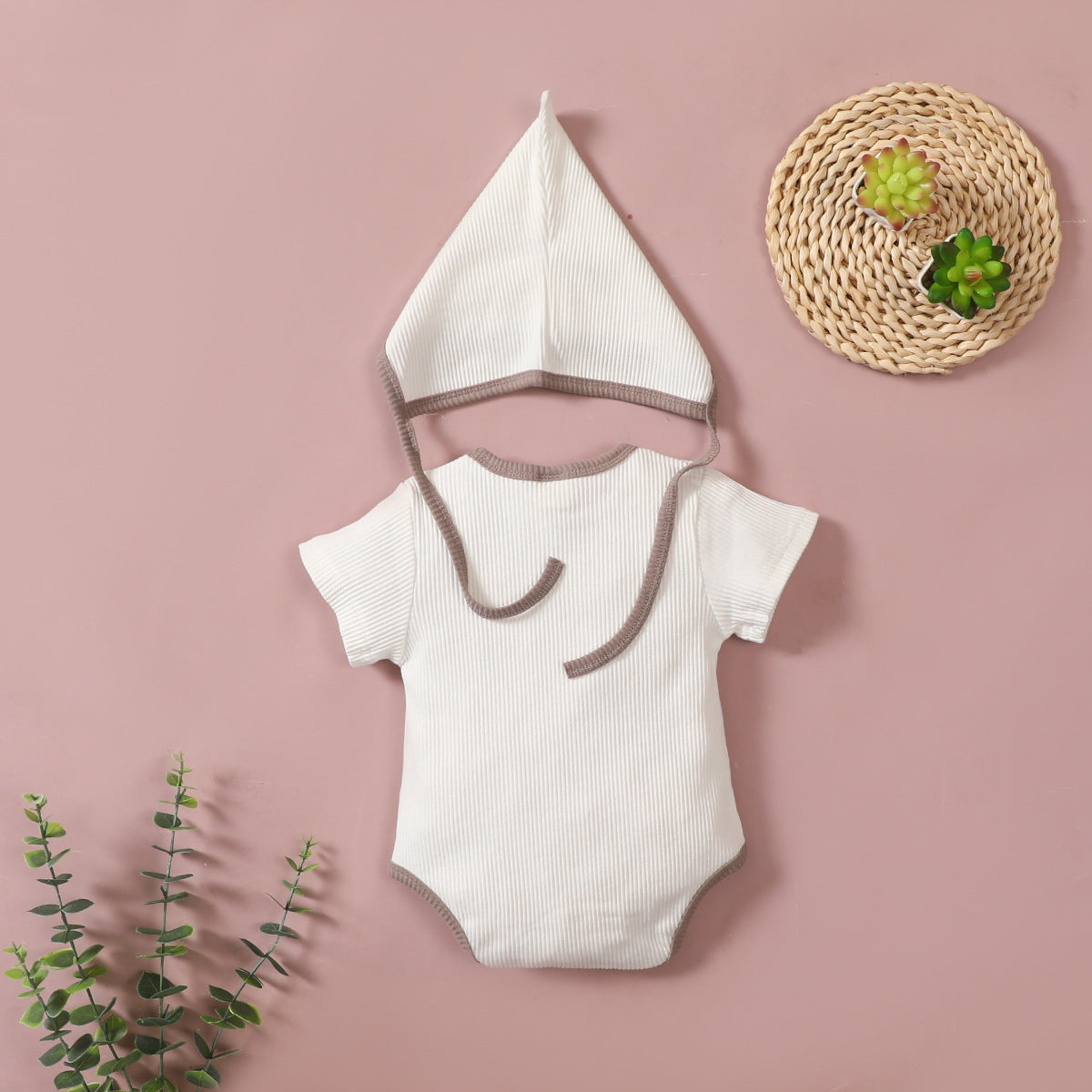 Detachable hood short-sleeved solid color triangle jumpsuit romper suit