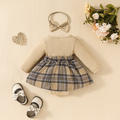Baby long-sleeved lace plaid triangle jumpsuit autumn and winter girl's ribbed bowknot jumpsuit