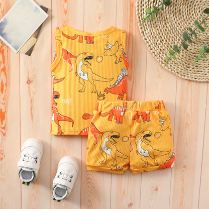 Baby vest shorts suit boy girl dinosaur striped sleeveless top shorts two-piece suit