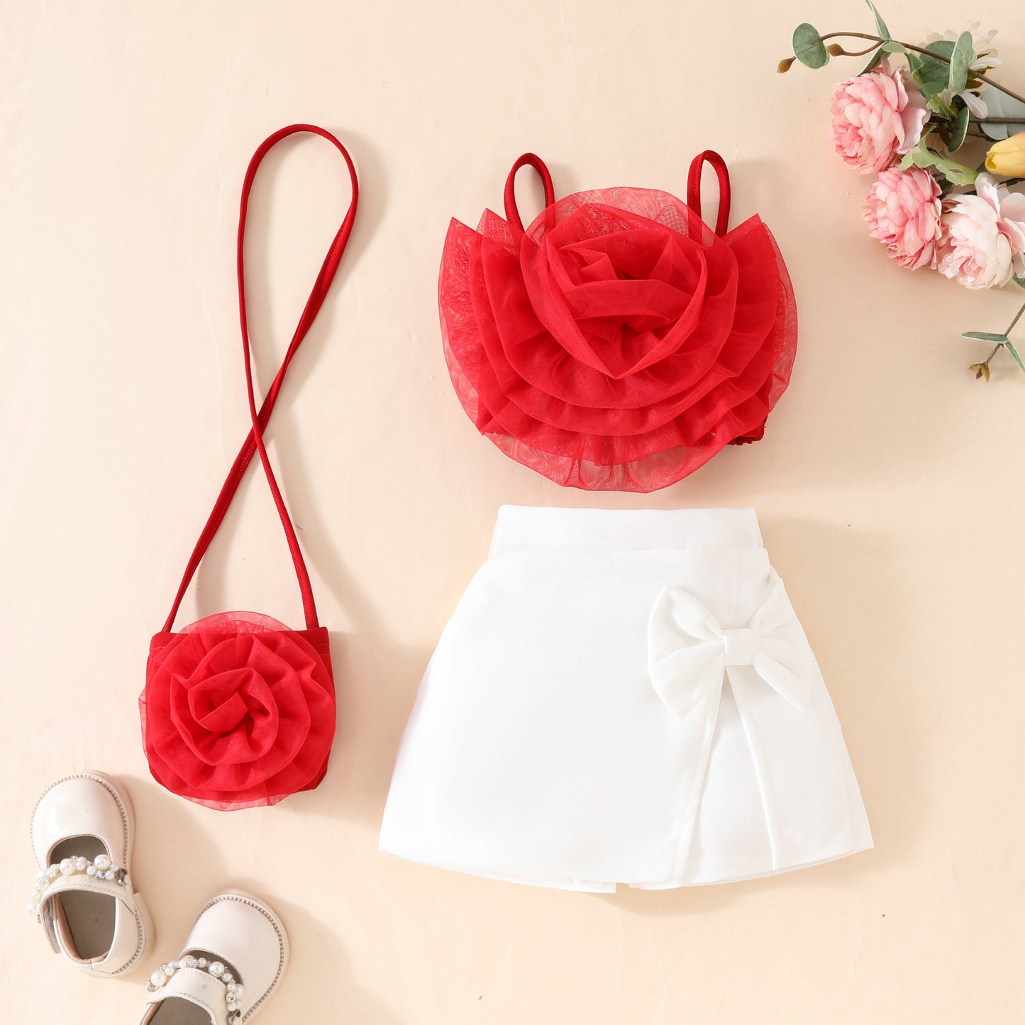 Baby Girls Mesh Flower Short Suspender Top + Fake Split Shorts Skirt + Small Bag Summer Set