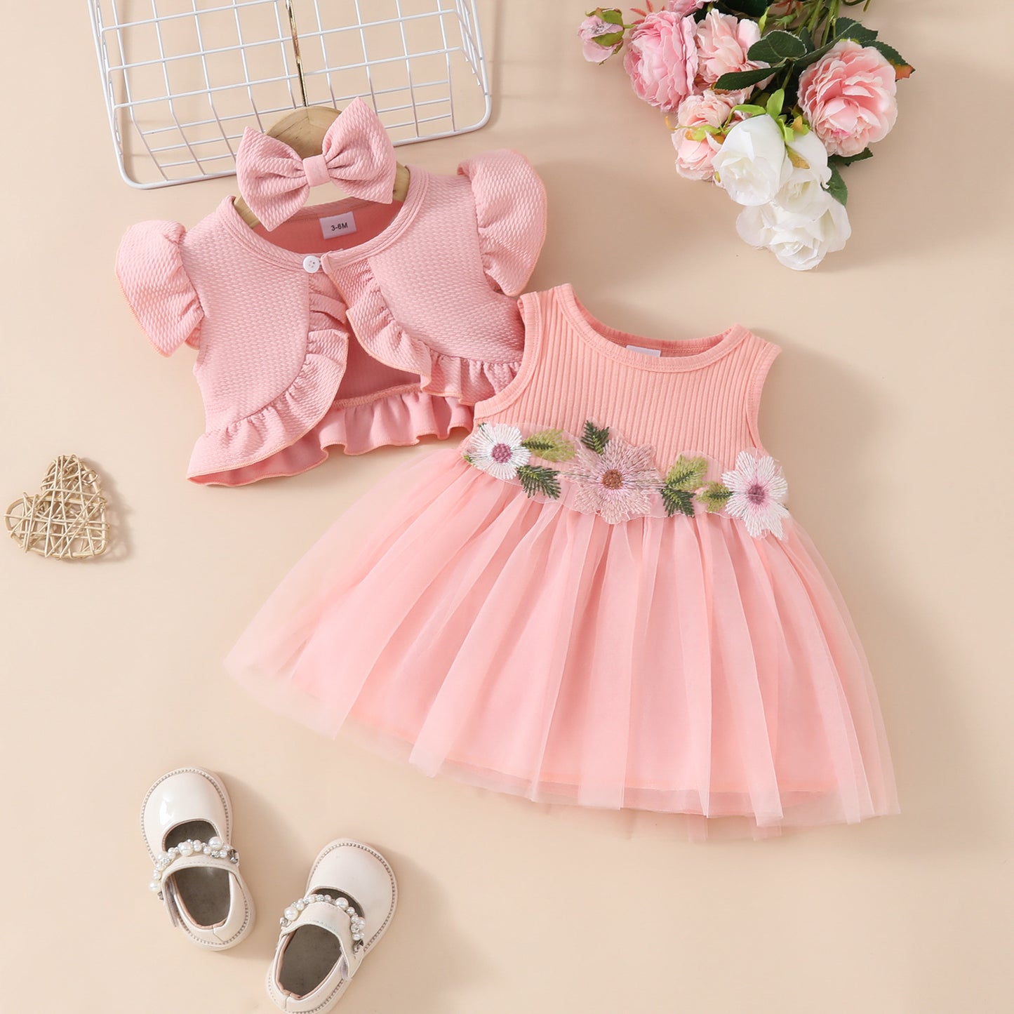 Toddler Girls Sleeveless Cropped Top Mesh Dress Set Sweet Girls Applique Skirt Lace Jacket