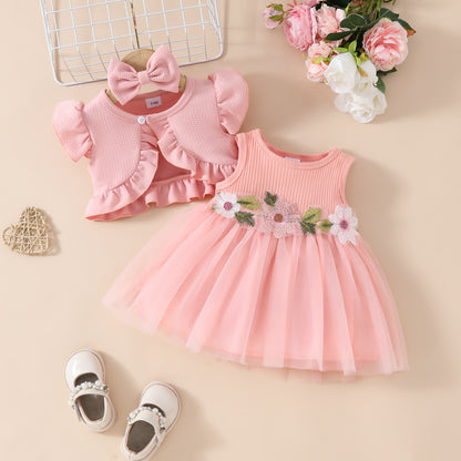 Toddler Girls Sleeveless Cropped Top Mesh Dress Set Sweet Girls Applique Skirt Lace Jacket