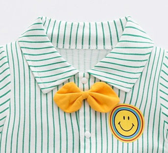 Bow tie gentleman lapel smiley face striped romper short sleeve jumpsuit