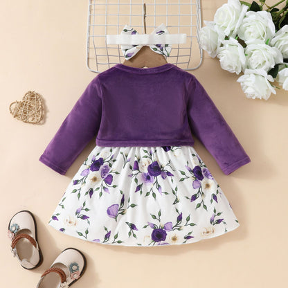 Baby Girls Autumn and Winter Long Sleeve Coat + Dress Set 0-3 Years Old Girls Plush Coat Vest Skirt