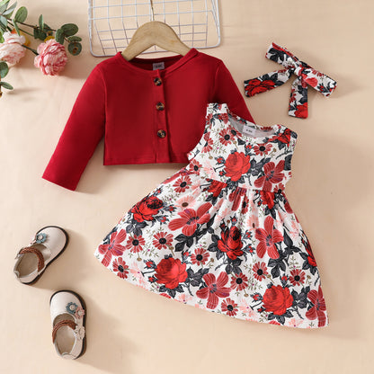 Toddler Girl Long Sleeve Jacket Sleeveless Dress Set 0-3 Years Old Floral Butterfly Sleeveless Dress + Jacket Two-piece Set
