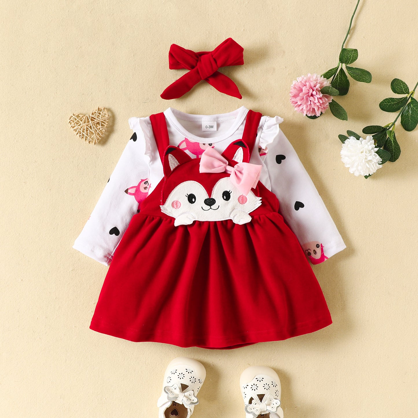 Autumn and winter infant and toddler cartoon fox heart print long-sleeved romper bow tie suspender dress set
