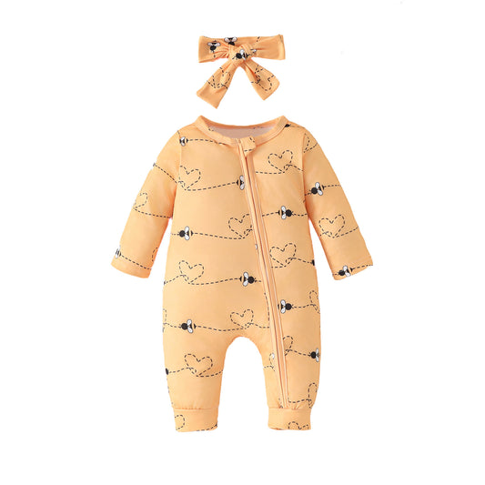 New baby zipper onesie full print long sleeve long leg crawler four seasons wear baby girl onesie headband