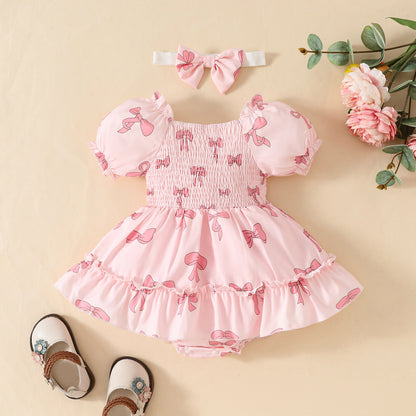Summer baby girl pink short-sleeved triangle romper dress with bow print square collar