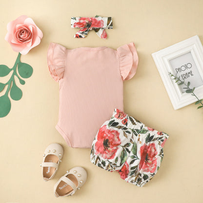 Cotton Short Sleeve Romper Elastic Pants Infant and Toddler Ribbon Bowknot Shorts Set