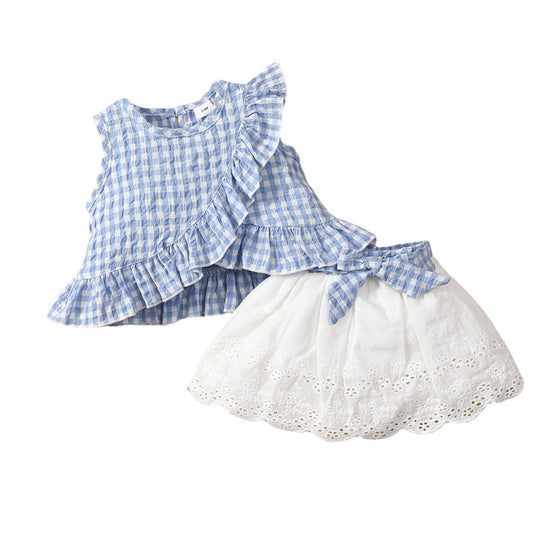 Baby Sleeveless Ruffle Plaid Top Bow Embroidered Skirt Suit Girls