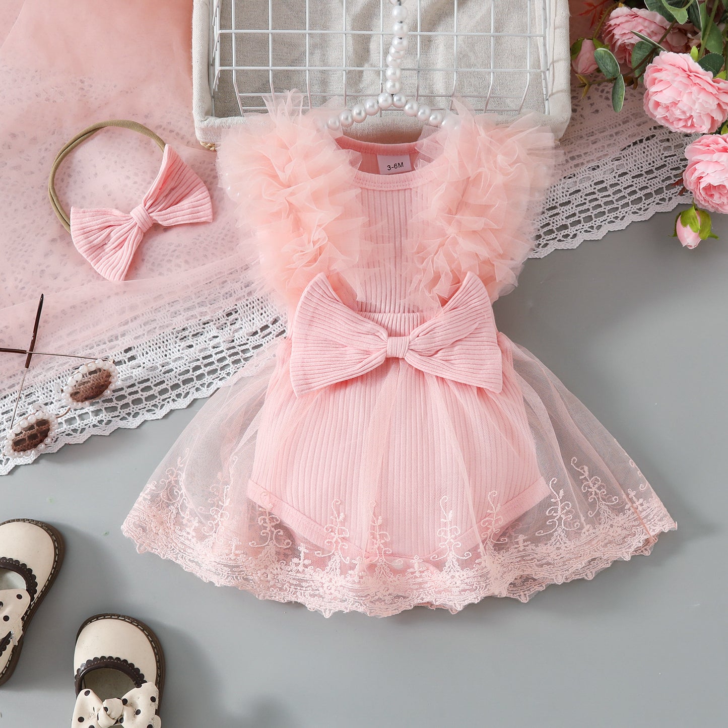 Summer baby mesh one-piece triangle romper dress sweet style baby girl bow sleeveless one-piece dress headband