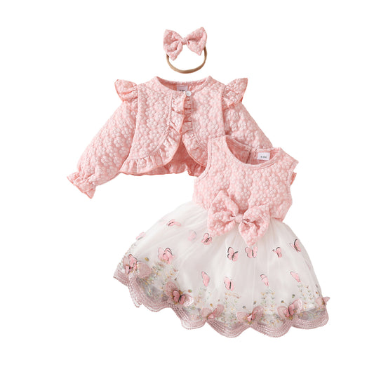 Sweet Girls Long Sleeve Short Jacket Sleeveless Butterfly Shape Lace Mesh Dress Autumn and Winter Dress Set