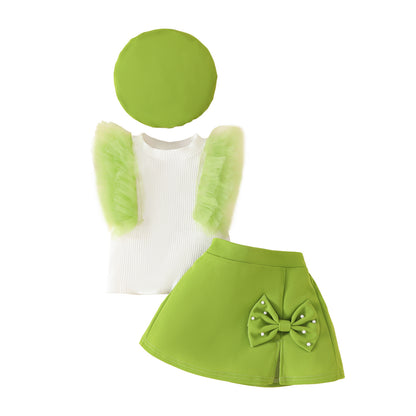 Summer toddler girl sleeveless mesh striped top + bow skirt + beret three-piece set