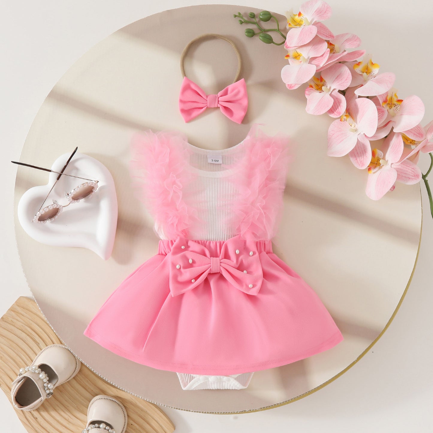 Sweet summer sleeveless mesh big bow triangle dress 0-1 year old baby beaded jumpsuit dress