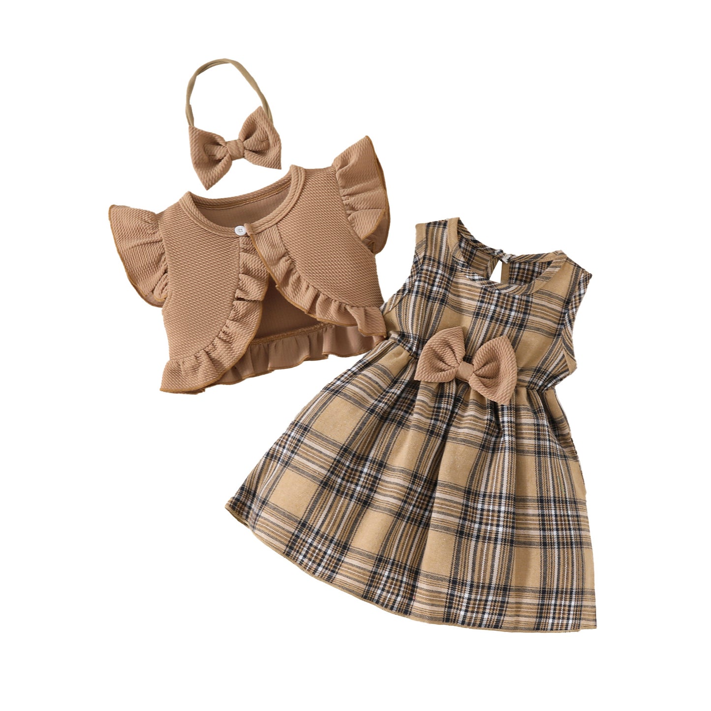 Summer baby dress suit sleeveless ruffled short coat top plaid bow dress