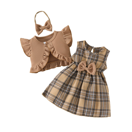 Summer baby dress suit sleeveless ruffled short coat top plaid bow dress