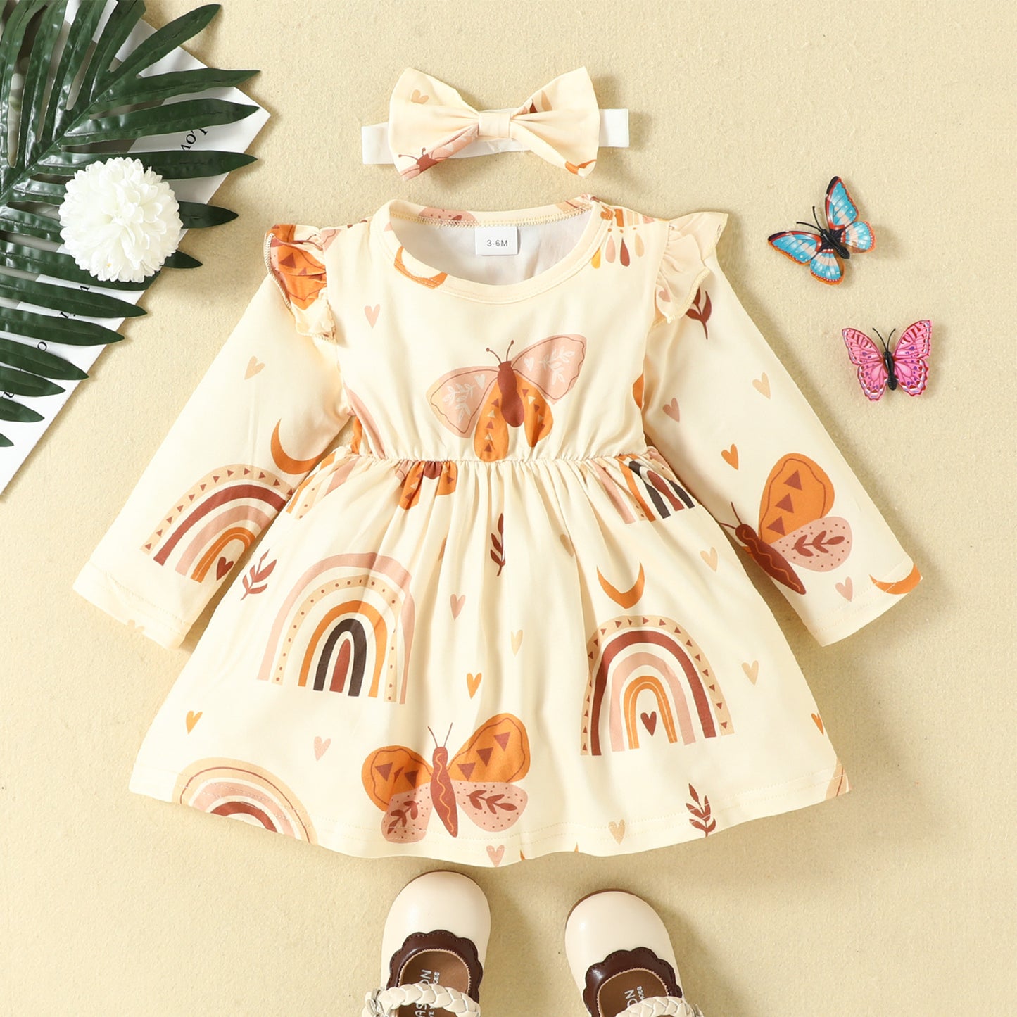 0-2 years old baby giraffe print dress flying sleeves long sleeves casual dress bow headband
