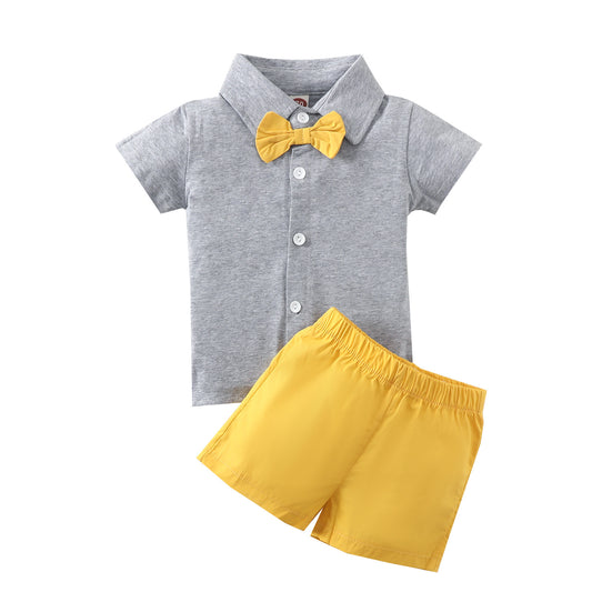 Summer cross-border infant boy gentleman lapel bow single-breasted top solid color shorts suit
