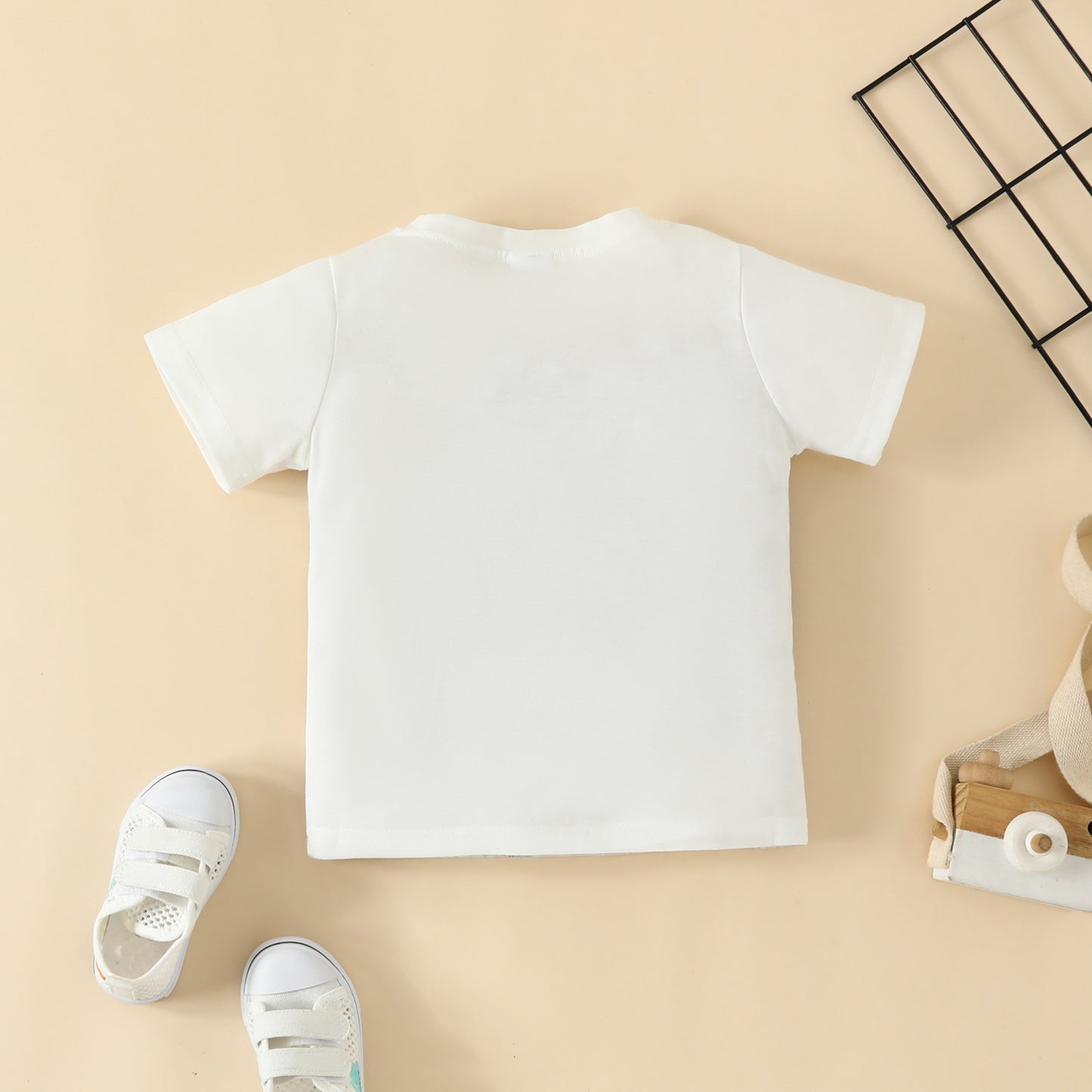 Summer children's short-sleeved T-shirt for boys with letters, cartoon bear and lion, one-piece top, cotton round neck, white short T