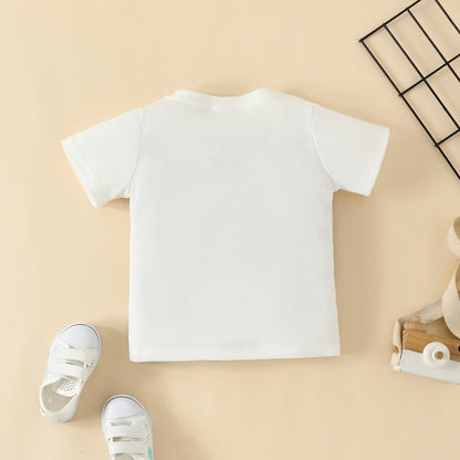 Summer children's short-sleeved T-shirt for boys with letters, cartoon bear and lion, one-piece top, cotton round neck, white short T