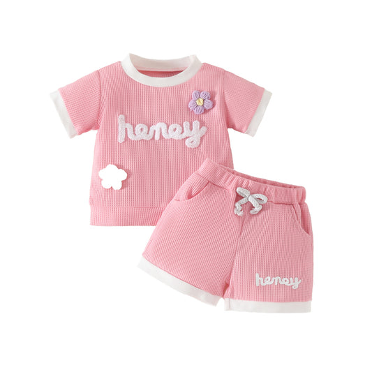 Toddler Girls Summer Waffle Towel Embroidered Flower Short Sleeve Top Pocket Decoration Shorts Two-piece Set